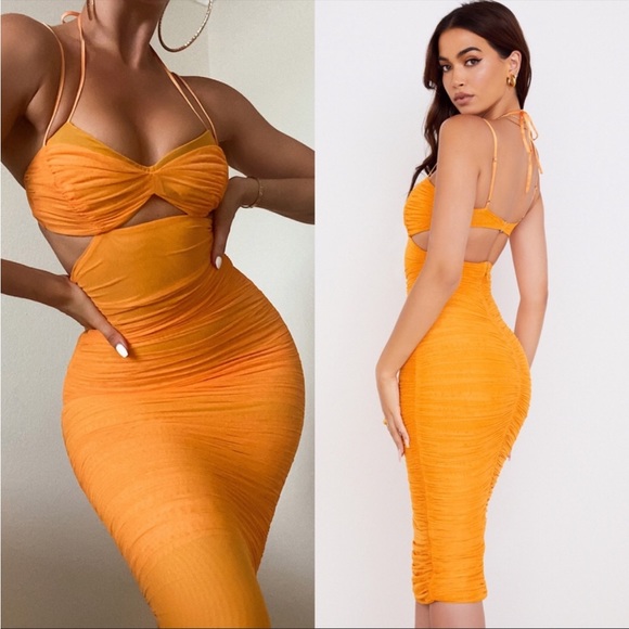HOUSE OF CB 'Tibi' Tangerine Cutout Ruched Midi Dress - Picture 3 of 12